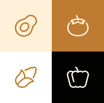 Un ensemble de quatre icônes comprenant un poivron, un avocat et un poivre.
