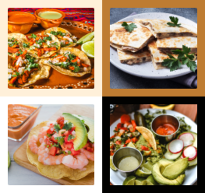 Quatre images de plats mexicains : tacos, quesadillas et salsa. Un festin coloré et appétissant.